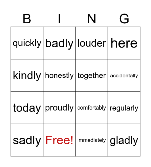 Adverb Bingo! Bingo Card