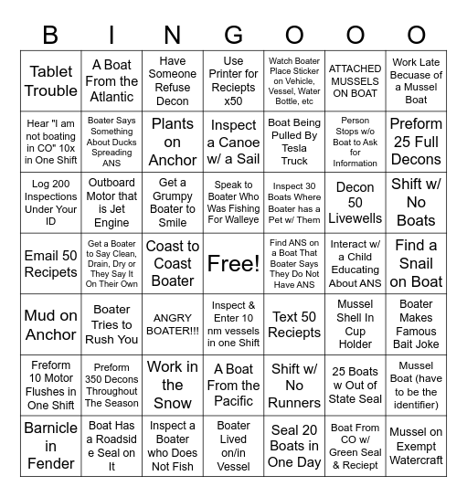 Boat Inspector Bingo Card