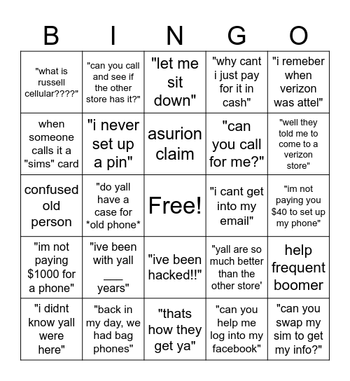 Verizon Customer Bingo Card Bingo Card