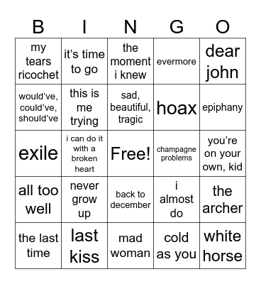 SADDEST SONGS Bingo Card