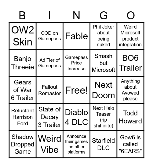 Xbox Showcase Bingo Card