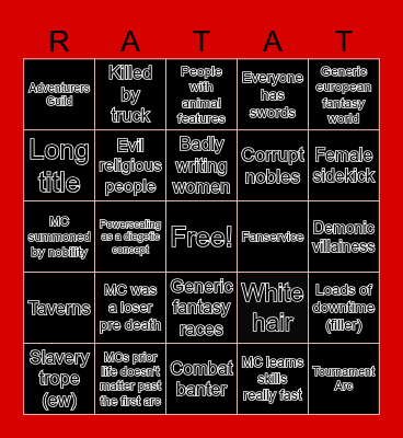 Writing Isekai Bingo Card