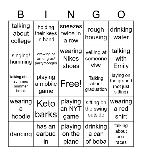 What are they doing? Bingo Card