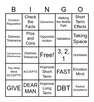 DBT Skills Bingo Card