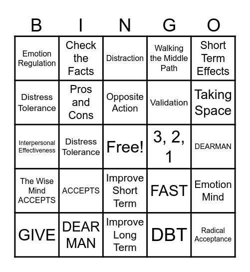 DBT Skills Bingo Card