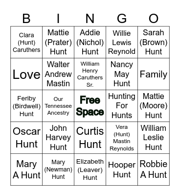 Hunt Family Bingo Card