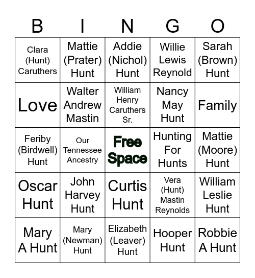 Hunt Family Bingo Card