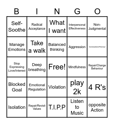 Function of Emotion Bingo Card