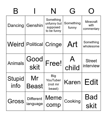 YT shorts bingo Card