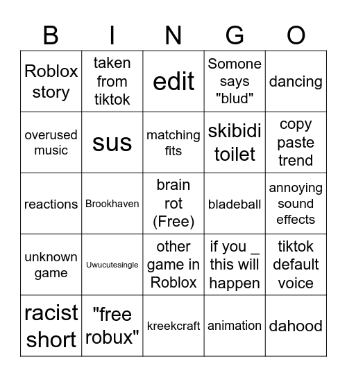 Roblox bingo Card