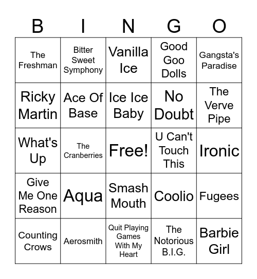 90's Mix Bingo Card