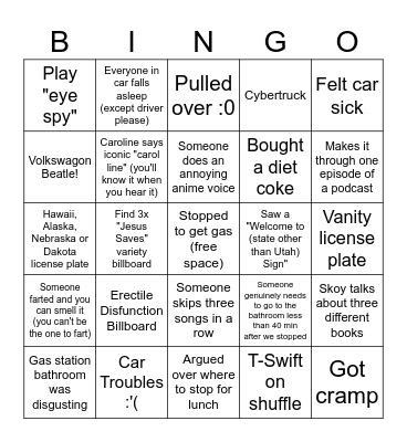 California Trip 2024 Bingo Card
