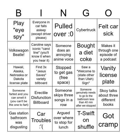 California Trip 2024 Bingo Card
