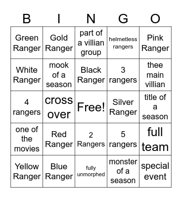 Power Rangers Bingo Card