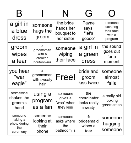 Wedding Ceremony Bingo Card