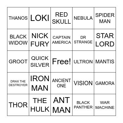 AVENGERS Bingo Card