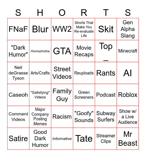 Shorts Bingo Card