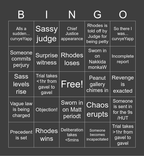 Rhodes Goes to Court Bingo Card
