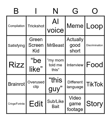 YT Shorts Bingo Card