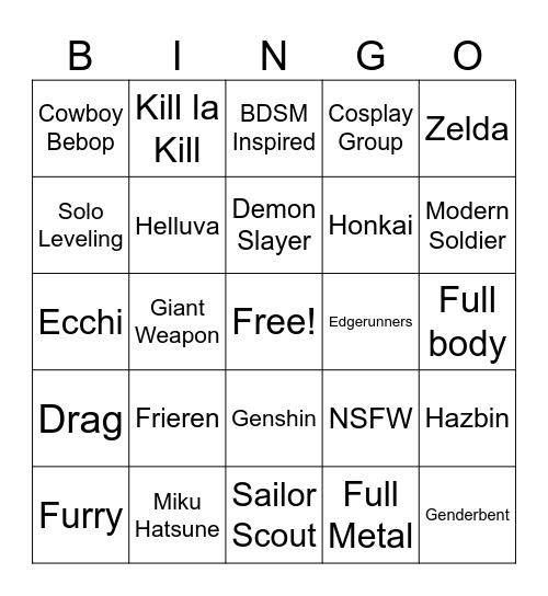 Cosplay Bingo Card