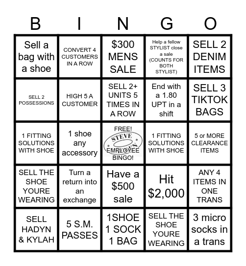 Steve Madden Bingo Card