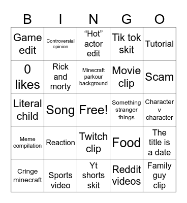 YouTube shorts Bingo Card