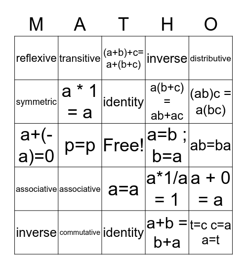 Properties Bingo Card