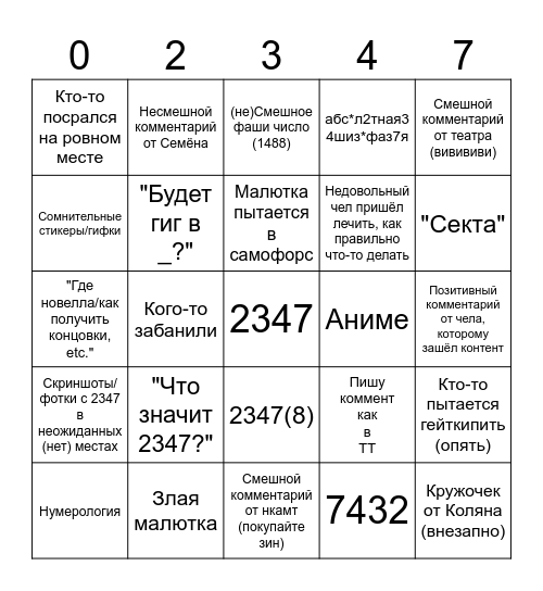 Комментарии ТГК Афериста Bingo Card