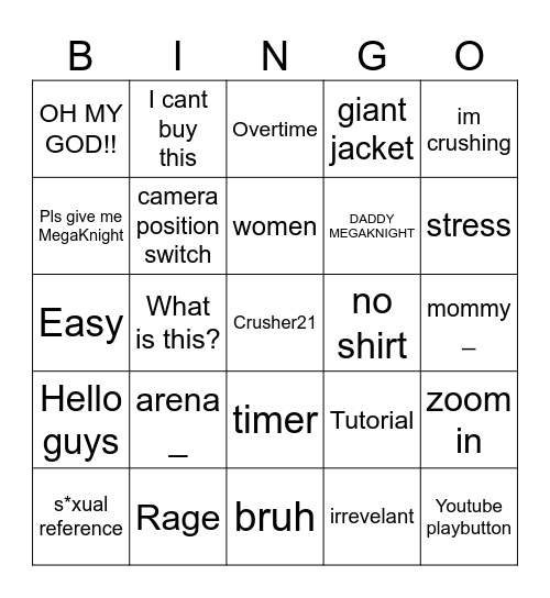 Crusher 21 bingo Card