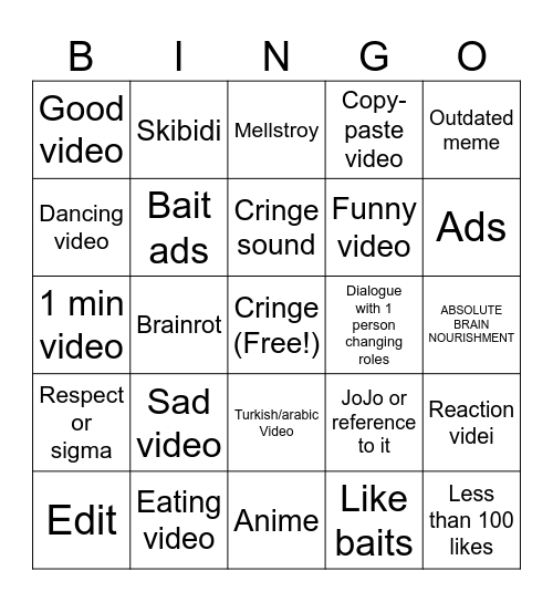 YT shorts Bingo Card