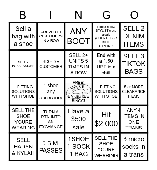 Steve Madden Bingo Card