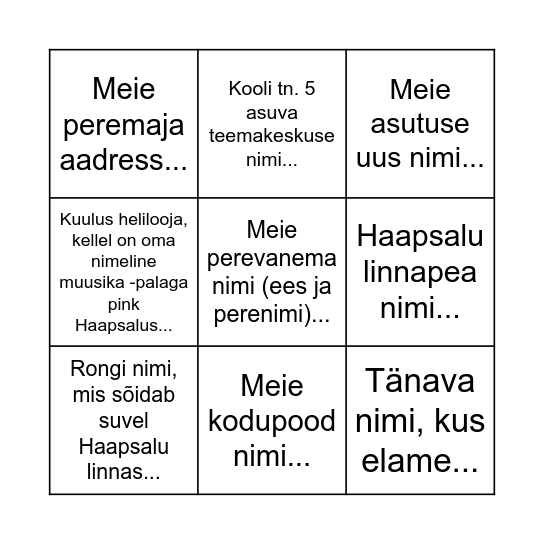 TUNNE OMA KODU JA LINNA Bingo Card