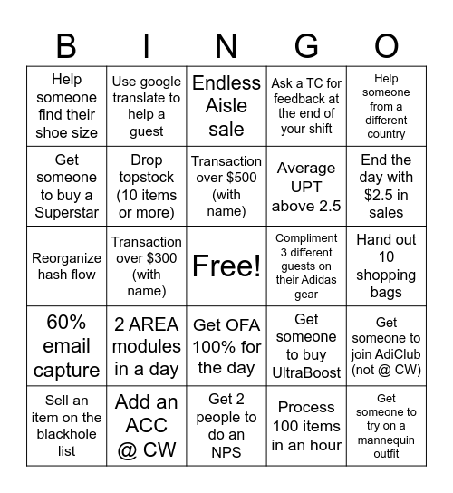 ADIDAS BINGO Card