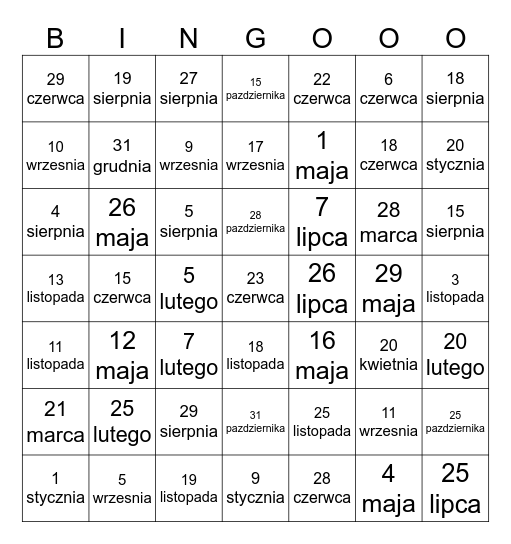 Daty BINGO Card