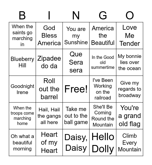 Musical Bingo Card