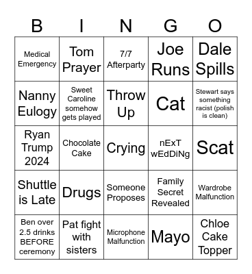 Joe and Carrie Wedding Bingo Card