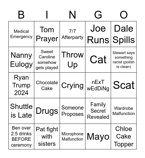 Joe and Carrie Wedding Bingo Card