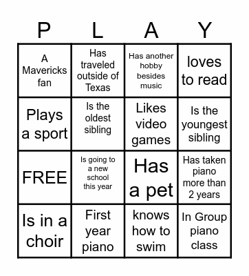 Piano Camp Mixer Bingo Card