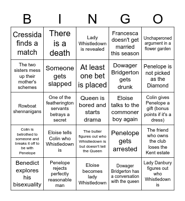 Heather and Lee's Bridgerton S3 Bingo Card