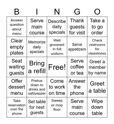 Hospitality Bingo Card