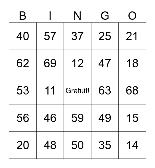 French Number Bingo 10-60 Bingo Card