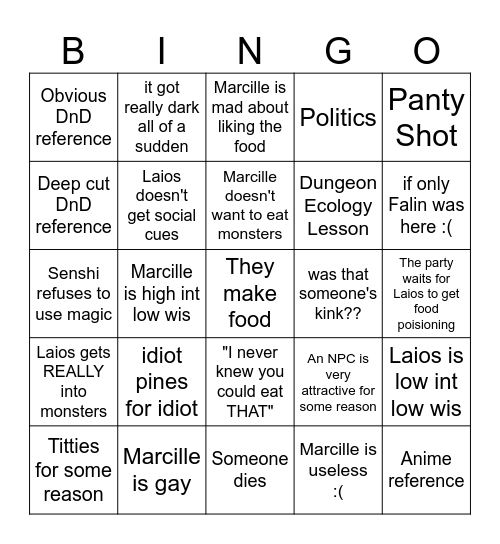 Delicious in Dungeon Bingo Card Bingo Card