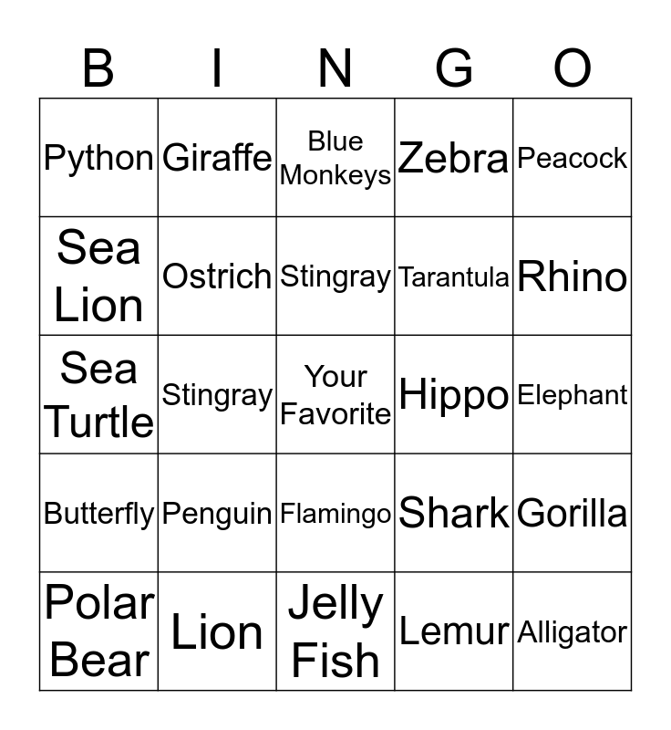 Omaha Zoo Bingo Card