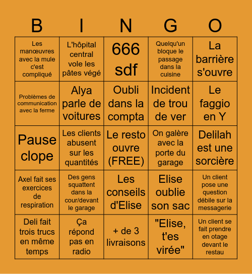 Onagre Restaurant Bingo Card