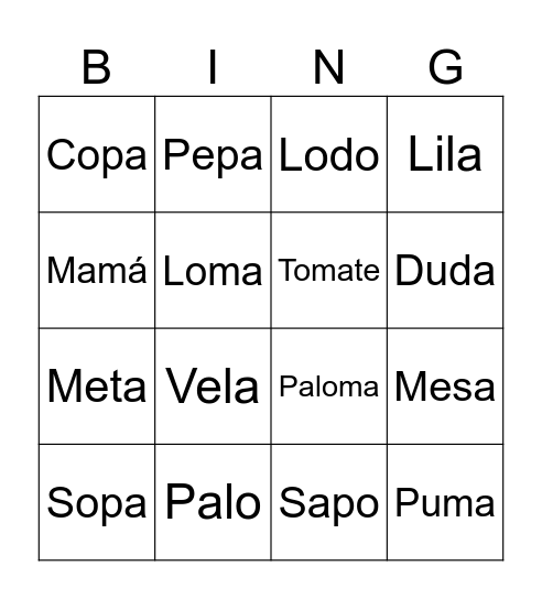 BINGO DE PALABRAS Bingo Card