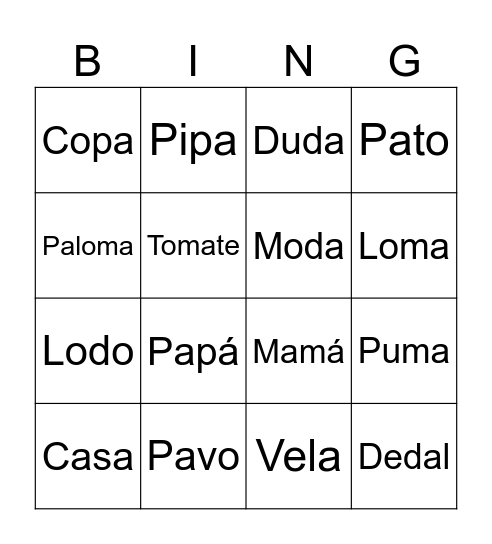 BINGO DE PALABRAS Bingo Card