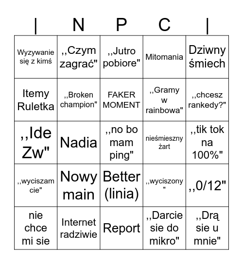 NPC bingo Card