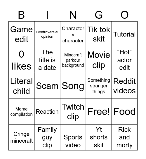 YouTube shorts Bingo Card