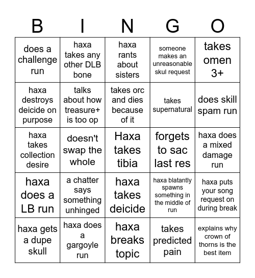 Haxa Skul bingo V2 Bingo Card