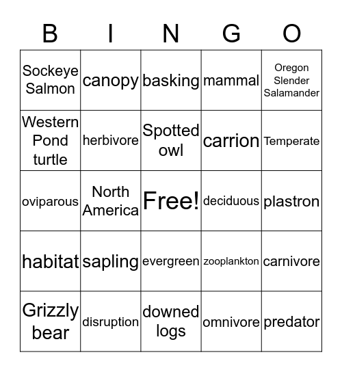 Northwest Temperate Forest  Bingo Card